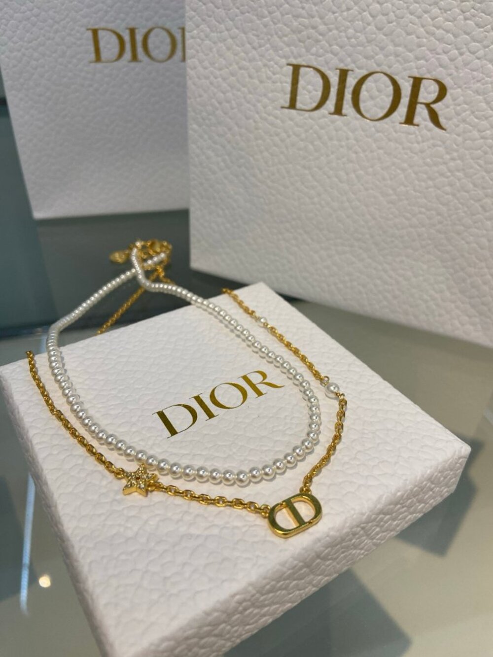 Dior Gold-Tone Pearl and Chain Double Necklace with CD Star Charms